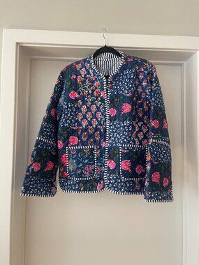 Blue Quilted Jacket With Pink Floral Design